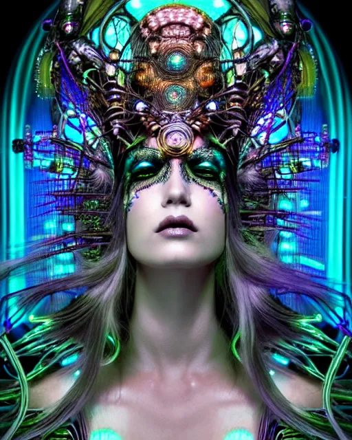 Image similar to detailed portrait of a beautiful goddess in a cyber headdress, neon cyberpunk make - up, art by android jones, ernst haeckel, nekro borja, alphonso mucha, h. r. giger, gothic - cyberpunk,