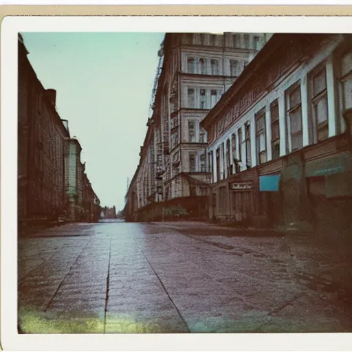 Prompt: low angle wide shot of Petrozavodsk street in the early morning, after rain, polaroid photo, by Warhol,