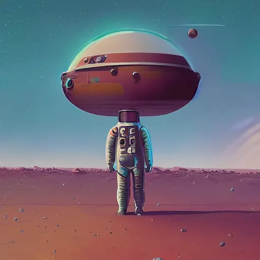 Image similar to An astronaut that has landed on a new planet and is trying to make sense of the alien world by Simon Stålenhag