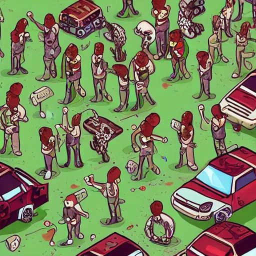 Image similar to a search and find illustration of a zombie horde and surrounded survivors of a zombie apocalypse, isometric view, digital art, illustration