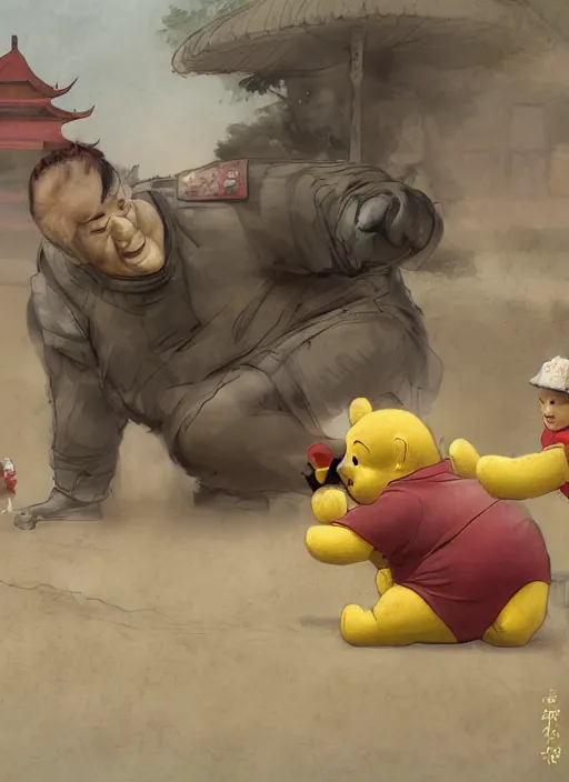 Image similar to portrait of Xi Jinping playing with Winnie the Pooh in a trashy Chinese dirt poor temple, beta weak male, digital painting, concept art, smooth, sharp focus, illustration, from Metal Gear, by Ruan Jia and Mandy Jurgens and William-Adolphe Bouguereau, Artgerm