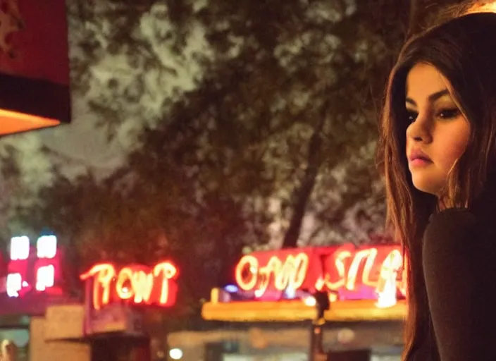 Image similar to a candid, color cinema film still of a selena gomez as a waitress at hooters having a cigarette out back, cinematic lighting at night.