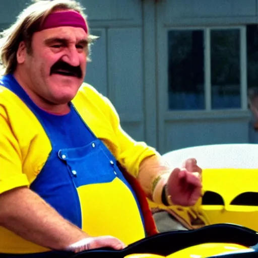 Image similar to Gérard Depardieu as Wario, yellow overall, yellow cap, the letter W, in a kart