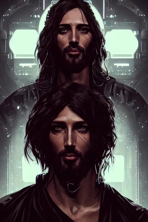 Image similar to a full length portrait of cyberpunk jesus, grim - lighting, high - contrast, intricate, elegant, highly detailed, digital painting, artstation, concept art, smooth, sharp focus, illustration