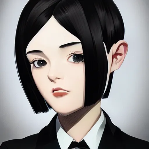 Image similar to girl in tuxedo with black chaotic wavy short haircut, elegant, 2d, ultra highly detailed, digital painting, smooth, sharp focus, artstation, art by Ilya Kuvshinov and Range Murata