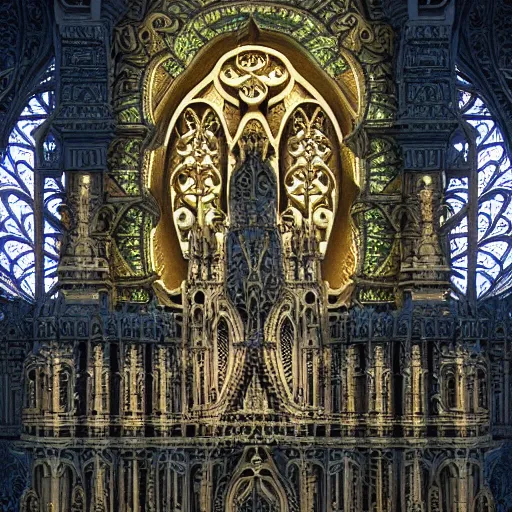 Image similar to a photo - real delicate sculpture of an ornate detailed cathedral populated by mandelbrot fractals, micro detail, unreal engine, backlit lighting, octane renderer, colorful, physically based rendering, tribal art, trending on cgsociety