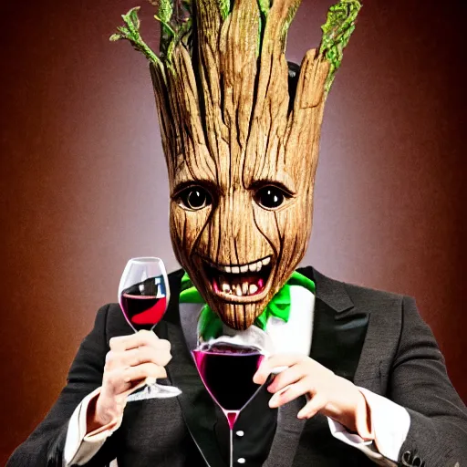 Image similar to realistic groot as a gentleman wearing tuxedo drinking wine on a studio shot, digital art, trending on artstation, behance, octane, intricate, ornate, photorealistic, hyper realism, high detail, movie shot, studio lighting, 8 k, vivid colors, smooth gradients, cinematic