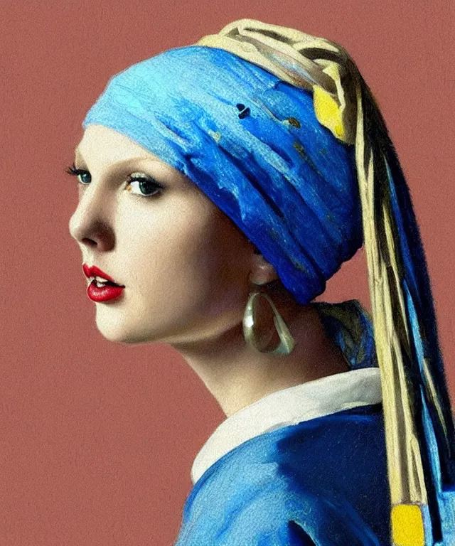 Image similar to Taylor Swift as the girl with the pearl earring, highly detailed, digital painting, artstation, concept art, smooth, sharp focus, illustration, ArtStation, art by artgerm and greg rutkowski and alphonse mucha and J. C. Leyendecker and Edmund Blair Leighton and Katsuhiro Otomo and Geof Darrow and Phil hale and Ashley wood and Ilya repin and Charlie Bowater