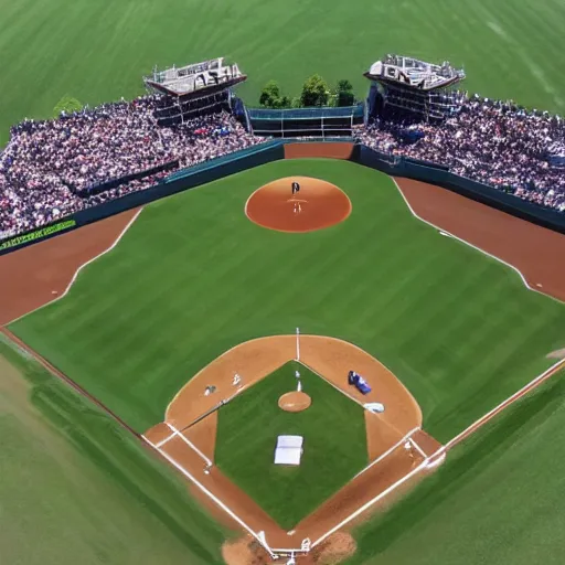 Prompt: Overhead View of a Baseball Game, but There are 9 Bases, 3 Pitchers and 3 Batters, Too Many Fielders