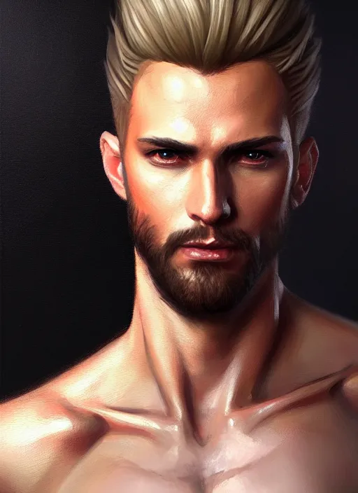 Image similar to a _ fantasy _ style _ portrait _ painting _ of male, medium dark blonde pulled back side part and blonde stubble, rpg dnd oil _ painting _ unreal _ 5 _ daz. _ rpg _ portrait _ extremely _ detailed _ artgerm _ greg _ rutkowski _ greg