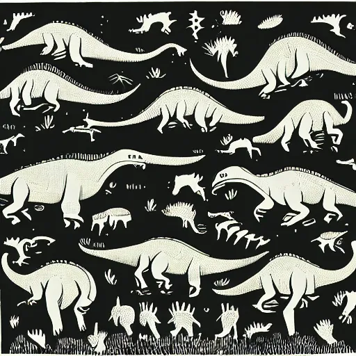 Image similar to dinosaurs by Edward Bawden, linocut