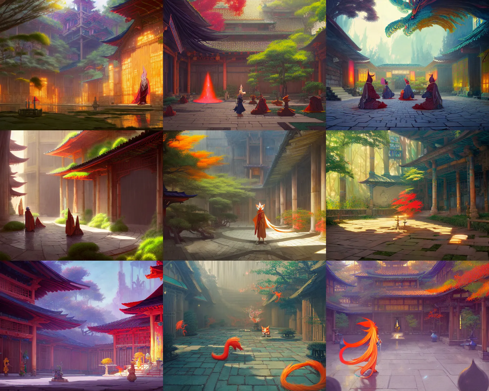 Prompt: wide open courtyard of a colorful kitsune wizard college | | anime, bamboo, a fantasy digital painting by greg rutkowski and james gurney, trending on artstation, highly detailed