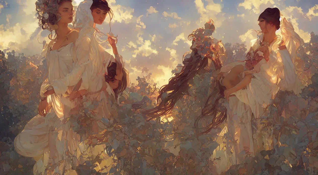 Image similar to bazaar zouk sky shine digital painting, artstation, concept art, illustration, cinematic lighting, art by artgerm and greg rutkowski and alphonse mucha