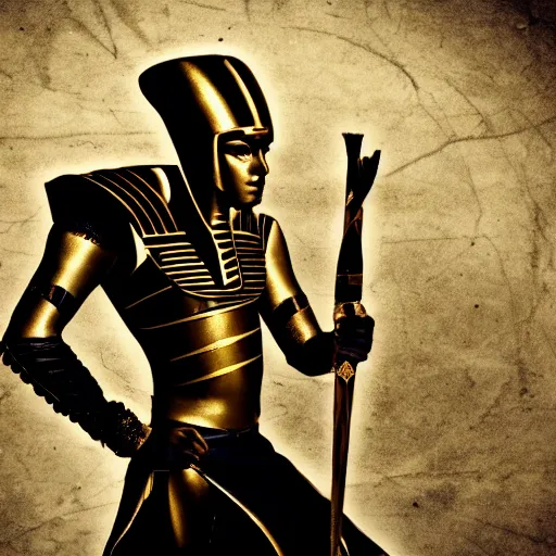 Prompt: pharaoh holding a spear in an epic pose, steampunk style, epic background, award winning