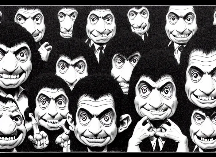 Image similar to black and white simple ms paint doodle of group portrait of anthropomorphic wide - angle group portrait of grey cute mr bean goblins looking funny, art by artgerm, bob eggleton, michael whelan, stephen hickman, richard corben, wayne barlowe, and greg rutkowski and alphonse mucha,
