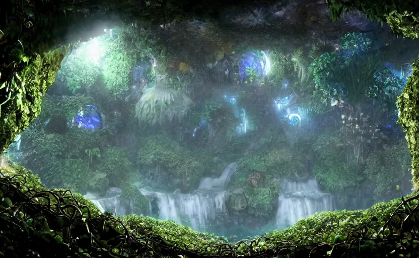 Prompt: a beautiful and stunning digital render of a humongous geode cave, dimly glowing diamonds, mushrooms, vines, haze, waterfall, volumetric lighting, photorealistic, unreal engine 5, ultra detail, trending on artstation