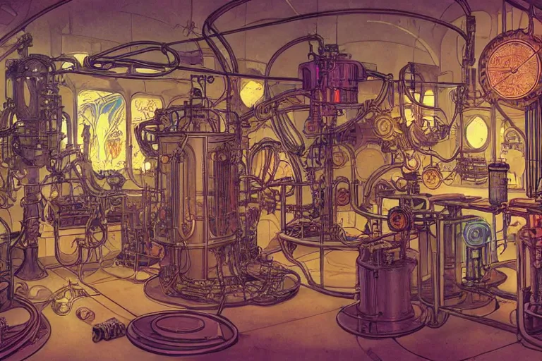 Prompt: steampunk lab room filled with big vapor tubes and alchemy equipment, mad scientist working, giant screens, sci - fi vending machine, retrofuturism, concept art by mucha and moebius and victo ngai, clean line, diesel punk