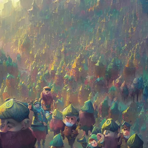 Prompt: overpopulated gnome city by Ruan Jia, Peter Morhbacher, rendered in hyperdetailed Ultra HD, trending on ArtStation, luminous, cute gnomes everywhere, pastel colors