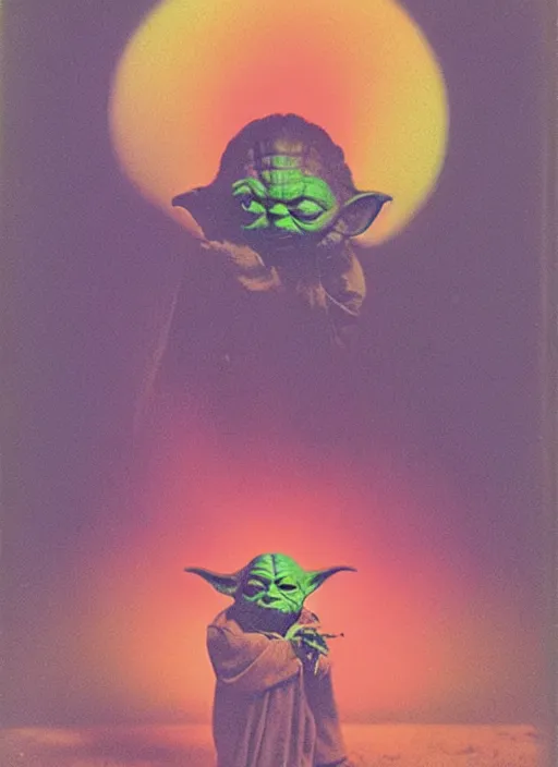 Image similar to colorful chromatic abberation, 9 0 s toy commercial, photo from the 7 0 s, polaroid photo of yoda, by zdzislaw beksinski