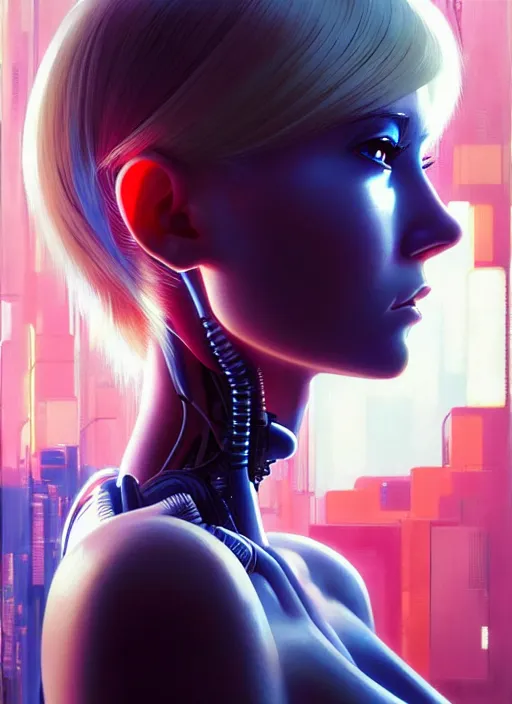 Prompt: side portrait of blonde cyborg girl with robotic parts | | head only in center of image, audrey plaza, fine detail!! anime!! realistic shaded lighting!! poster by ilya kuvshinov katsuhiro otomo ghost - in - the - shell, magali villeneuve, artgerm, jeremy lipkin and michael garmash and rob rey