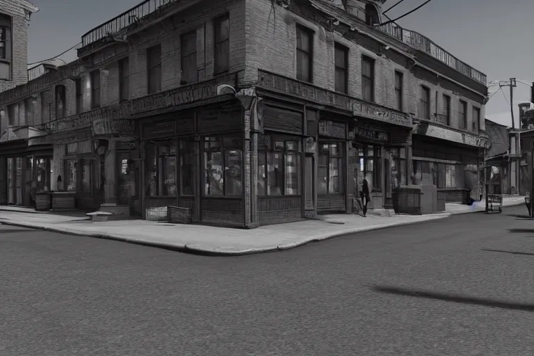 Image similar to still photo of a 1 9 0 0 s street, film noir, highly detailed, photorealistic portrait, bright studio setting, studio lighting, crisp quality and light reflections, unreal engine 5 quality render