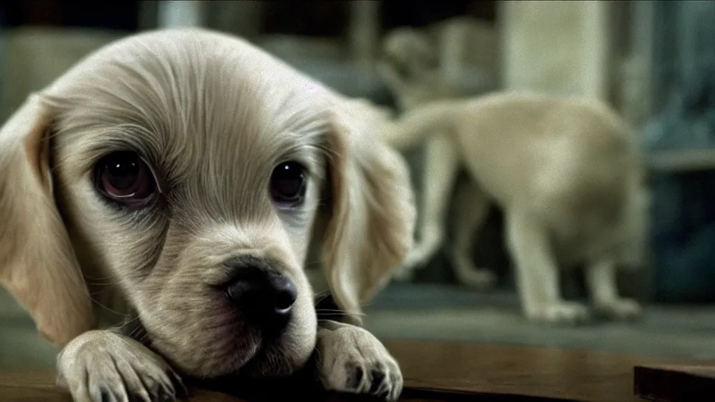 Image similar to a very nice puppy, with a long long long tail, film still from the movie directed by denis villeneuve and david cronenberg with art direction by salvador dali and dr. seuss