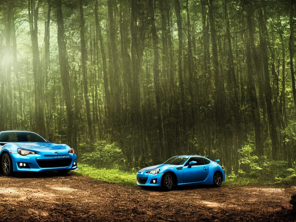 Image similar to cinematic still of one subaru brz in a forest by studio ghibli