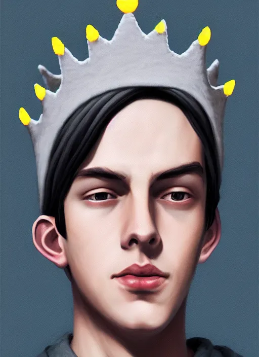 Image similar to portrait of teenage jughead jones wearing a light grey crown, photorealistic, crown made of fabric, crown, crown made of felt, black hair, intricate, elegant, highly detailed, digital painting, glowing lights, artstation, concept art, smooth, sharp focus, illustration, art by wlop, mars ravelo and greg rutkowski