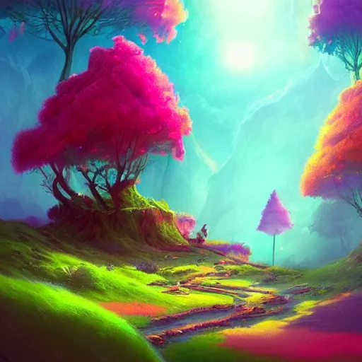 Prompt: a beautiful colorful interesting detailed storybook fantasy distant landscape scene of a Wonderland full of weird trees and flowers, magic the gathering, Marc Simonetti and Anato Finnstark, neon pastel color palette, vibrant 8k rendering, Pixar concept art, trending on artstation HQ