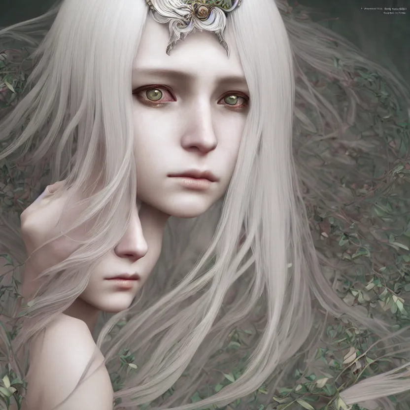 Image similar to symmetry!! cancer!! female portrait, beautiful, detailed white long hair, elf ears, wings, intricate hidden face mask, complex 3 d render by ilya kuvshinov, alphonse mucha, ryohei hase, dramatic lighting, intricate, highly detailed, final fantasy, sharp focus, luminous, unreal engine 5 rendered, blender, deviant