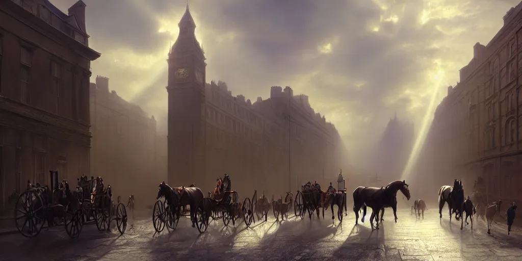 Prompt: nineteenth century london, streets, god rays, carriages with horses, classy people walking, digital art, landscape, fantasy art, octane render, ureal engine, high detail, very realistic, by greg rutkowski. by james gurney