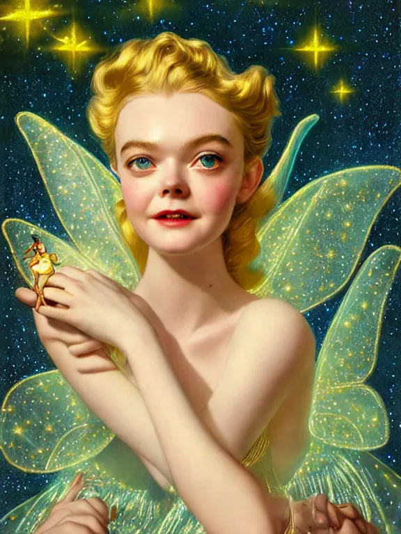 Image similar to elle fanning as tinkerbell glowing, a beautiful art nouveau portrait by Gil elvgren and Hajime Sorayama, moonlit starry sky environment, centered composition, defined features, golden ratio, gold jewlery, photorealistic professionals lighting, cinematic, sheer