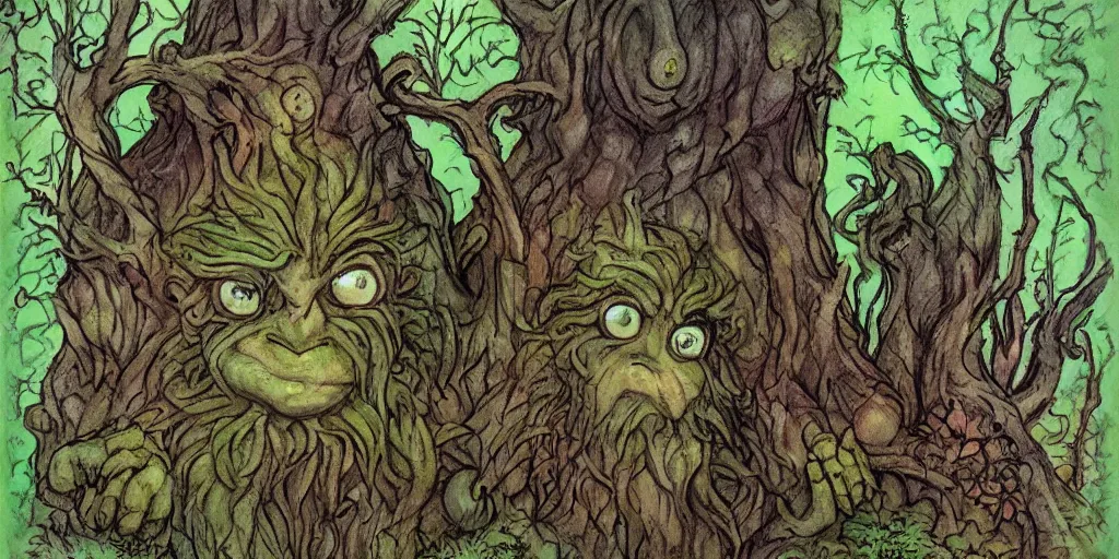 Image similar to a druid treefolk with troll face, standing in the forest, in the style of Tony Diterlizzi and Brian Froud, painterly