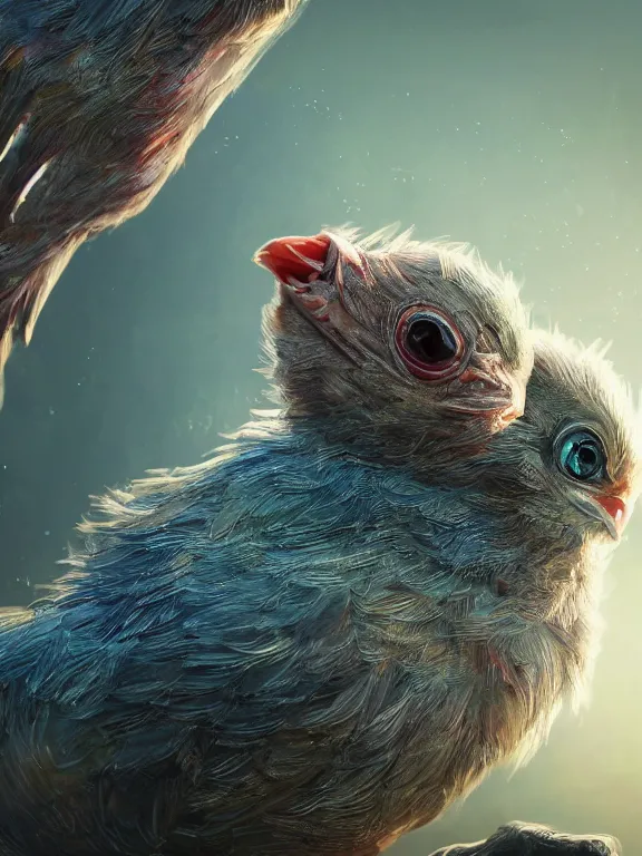 Prompt: fine painting of a mutated baby bird, 8 k, ultra realistic, lens flare, atmosphere, glow, detailed, intricate, full of colour, cinematic lighting, trending on artstation, 4 k, hyperrealistic, focused, extreme details, unreal engine 5, cinematic, masterpiece