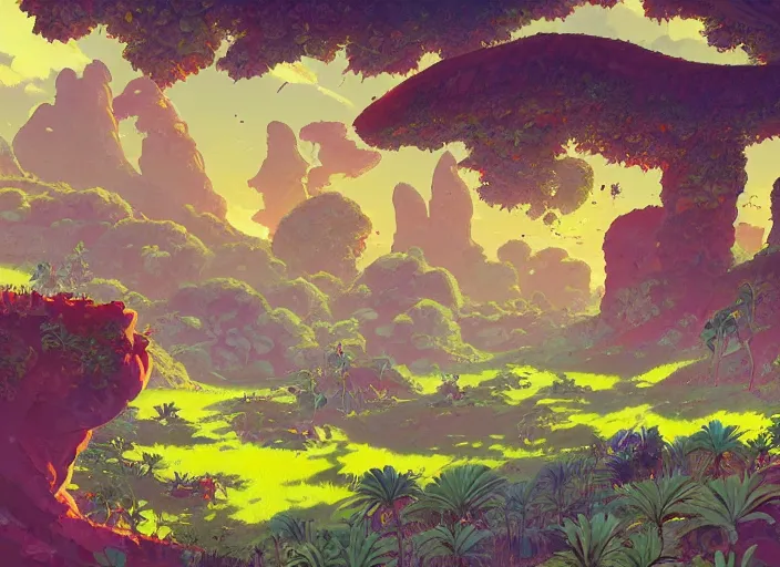 Image similar to concept art of a landscape made of bananas, cel shaded, in the style of makoto shinkai and moebius and peter mohrbacher and anton fadeev