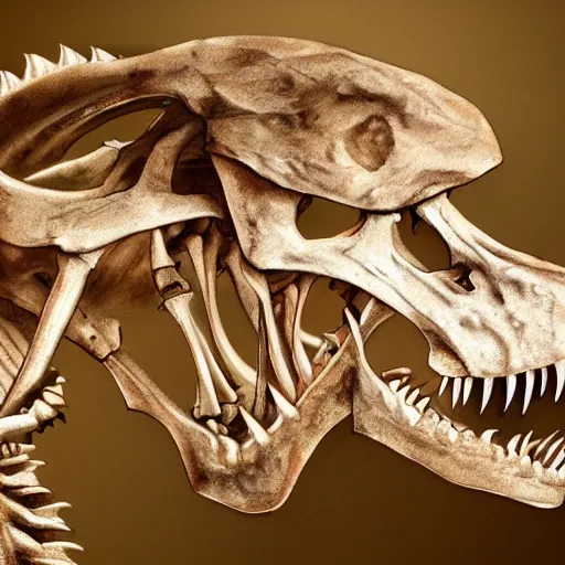 Prompt: hyperrealistic detailed photo of a fossilized tyrannosaurus skeleton, 8 k, located inside of a museum, ambient dim lighting, ultra detailed,