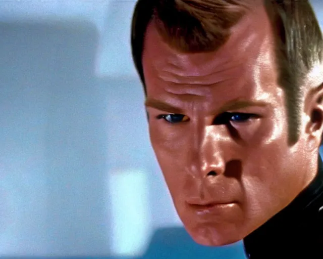 Prompt: film still from star trek, close up macro of james kirk in the transporter bay, octane, 1 9 6 8