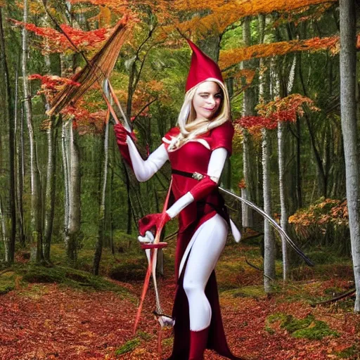 Prompt: an elf queen holding a bow and arrow, walking towards the camera, she is in a autumn forest, with Japanese maple trees, n 6