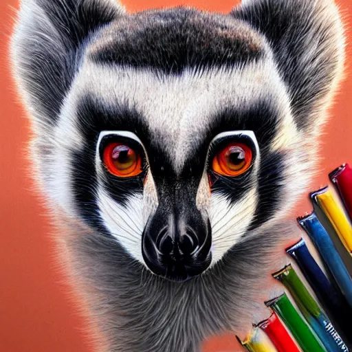 Prompt: Geometric symmetrical ring-tailed lemur, sun in the background, intricate, elegant, highly detailed, digital painting, artstation, concept art, smooth, sharp focus, illustration, art by artgerm