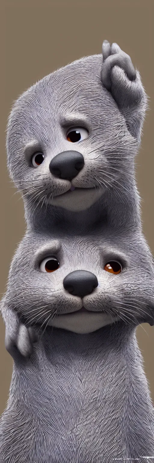 Prompt: lots of cute gray otters in the style of zootopia. volumetric lighting, subsurface scattering, hyperrealistic, render, hyperdetailed