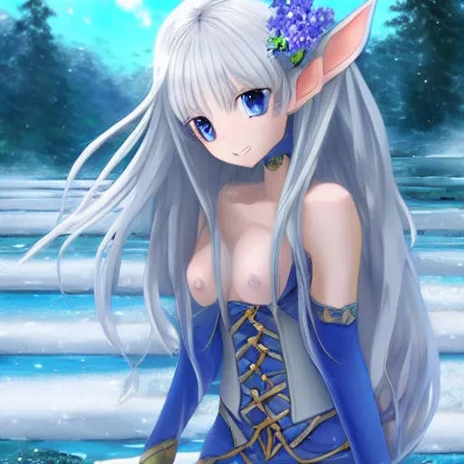 Image similar to a very beautiful anime elf girl, full body, long silver hair with a flower, sky blue eyes, full round face, short smile, revealing clothes, thick thigs, firm chest, ice snowy lake setting, cinematic lightning, medium shot, mid-shot, highly detailed, trending on Artstation, Unreal Engine 4k, cinematic wallpaper by Stanley Artgerm Lau, WLOP, Rossdraws, James Jean, Andrei Riabovitchev, Marc Simonetti, and Sakimichan