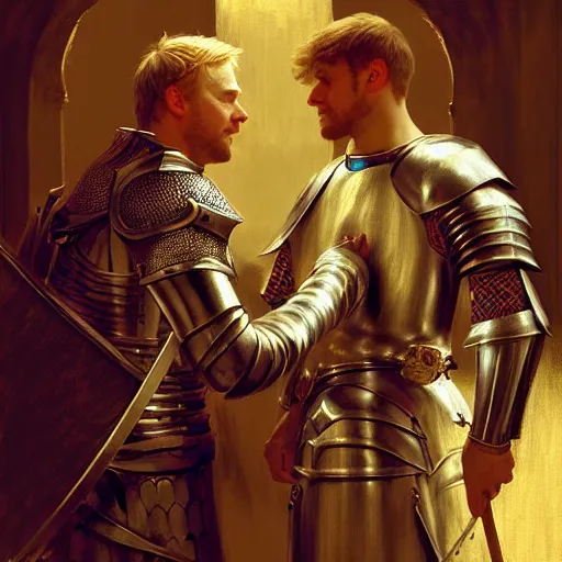 Image similar to attractive arthur pendragon and his favourite attractive male knight, they are in love, camelot, natural lighting, path traced, highly detailed, high quality, digital painting, by gaston bussiere, craig mullins, j. c. leyendecker