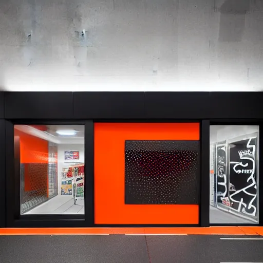 Prompt: Award winning shopfront design, convenience store, dark grey, anthracite with bright red and orange accents, perforated metal, paint, laser cut textures, highly detailed, bright signage, vinyl on glazing, retaildesignblog.net, pinterest, coroflot, behance.net, trending, best of