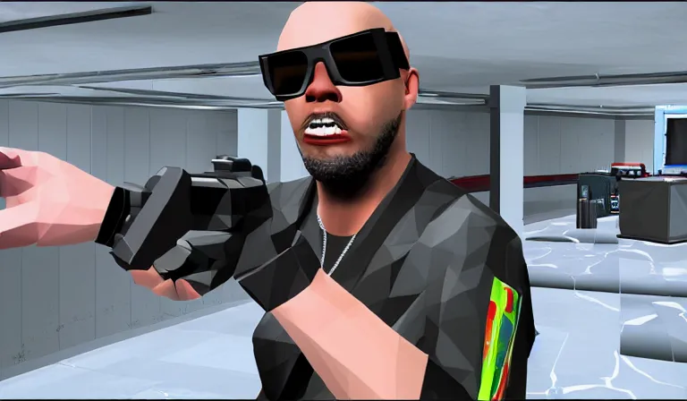 Image similar to ltj bukem npc in perfect dark giving you dj training, 9 0 s first person shooter, low poly, gameplay screenshot