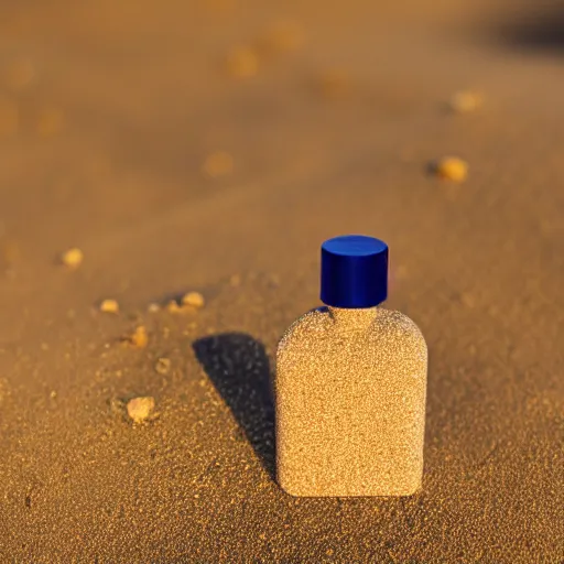 Image similar to perfume bottle sitting on a small mountain of golden desert sand, close up shot, upfront, with blue sky and clouds in the background, softly - lit, soft - warm, zen, light, modern minimalist f 2 0 clean