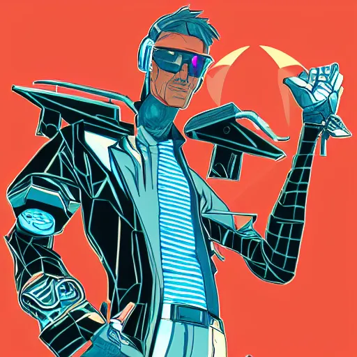 Image similar to cyberpunk tony hawk as the leader of a futuristic communist nation, cybernetics, sharp lines, digital, artstation, colored in