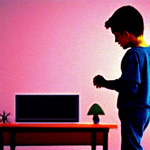 Image similar to defined colours 4k professional photograph of a standing figure of a five years old boy in front of a PC computer from 90s in the bedroom. from the 1994 Movie by Terrence Malick and Gaspar Noé and Alan Parker. high resolution, ultra details, high quality