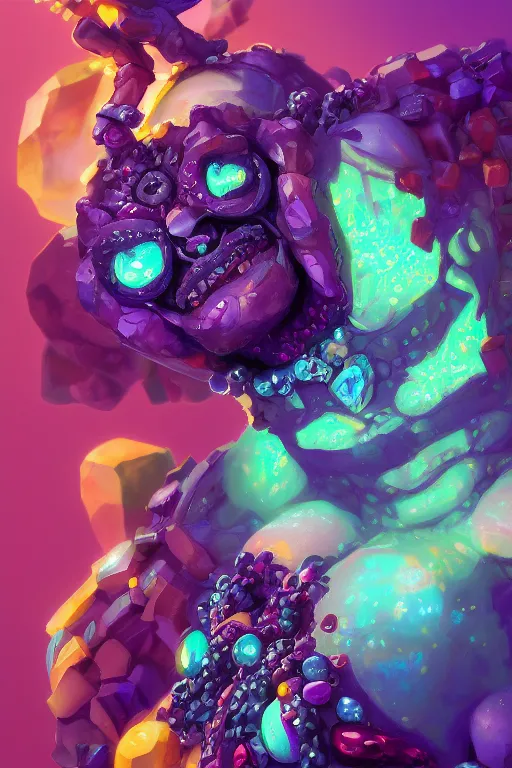 Image similar to maximalist detailed gemstone golem portrait by adoryanti, holosomnia, electrixbunny, rendered in discodiffusion. ornated and decorated with pearls and gems, behance hd by jesper ejsing, by rhads, makoto shinkai and lois van baarle, ilya kuvshinov, ray tracing hdr radiating a glowing aura