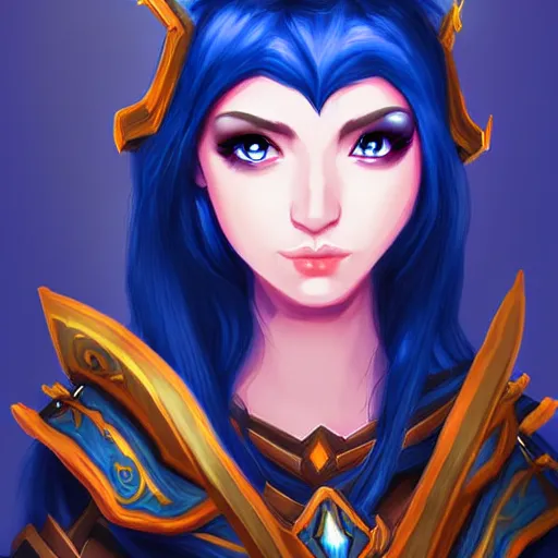 Prompt: a portrait of a very beautiful female mage in armor warcraft style armor blue hair bored illustration soft lighting soft details painting oi