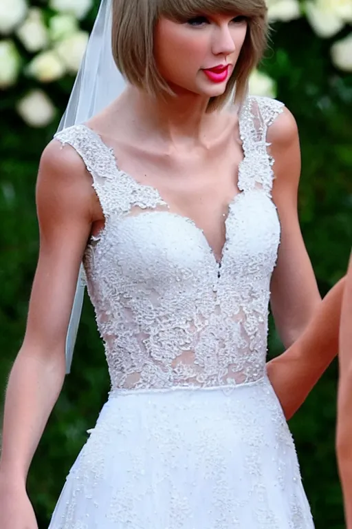 Image similar to medium - shot!!!!!!!!!!!! of taylor swift in a beautiful wedding dress, focus on face and facial details